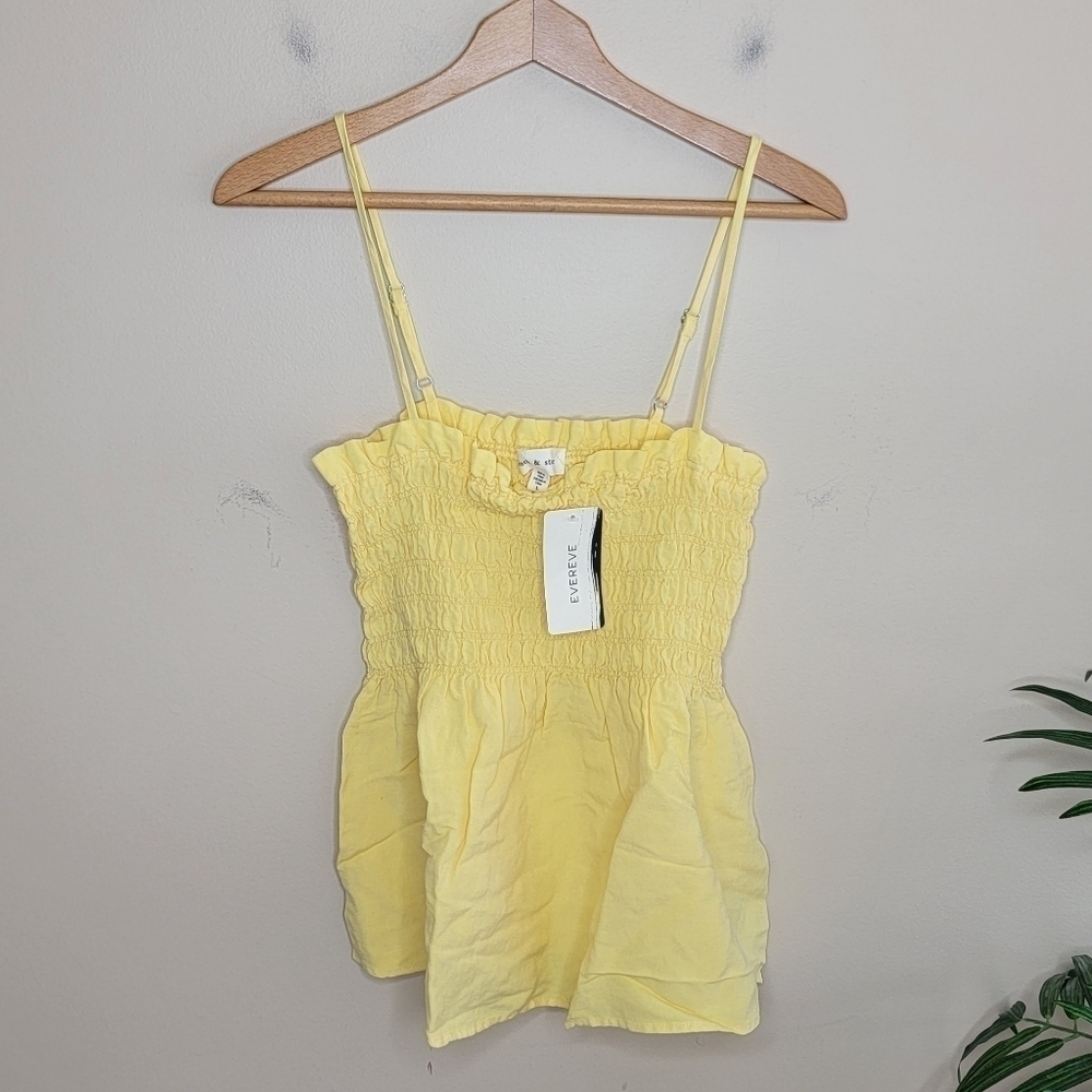 NWT Evereve Cloth & Stone Yellow Smocked Linen Cami Strap Tank Top Size Large